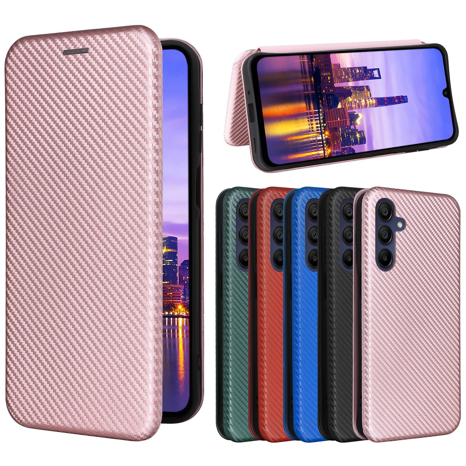 Alt View 3. Dteck - Carbon Fiber Texture Folio Phone Case for Samsung Galaxy A16 5G,PU Leather Magnetic Closure Hidden Card Slot Flip Cover - Pink.