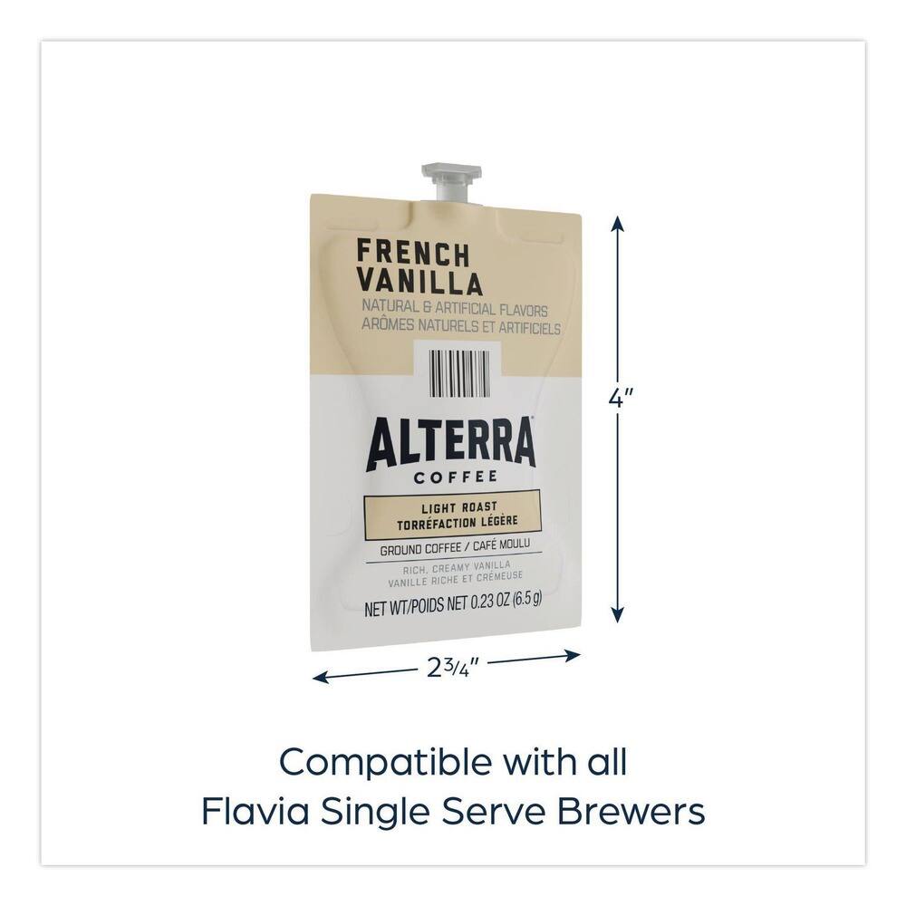 FRENCH VANILLA  
NATURAL & ARTIFICIAL FLAVORS  
ARÔMES NATURELS ET ARTIFICIELS  

ALTERRA  
COFFEE  
LIGHT ROAST  
TORRÉFACTION LÉGÈRE  
GROUND COFFEE / CAFÉ MOULU  

RICH, CREAMY VANILLA  
RICHE ET CRÉMEUSE VANILLE  

NET WT/POIDS NET 0.23 OZ (6.5g)  

Compatible with all Flavia Single Serve Brewers