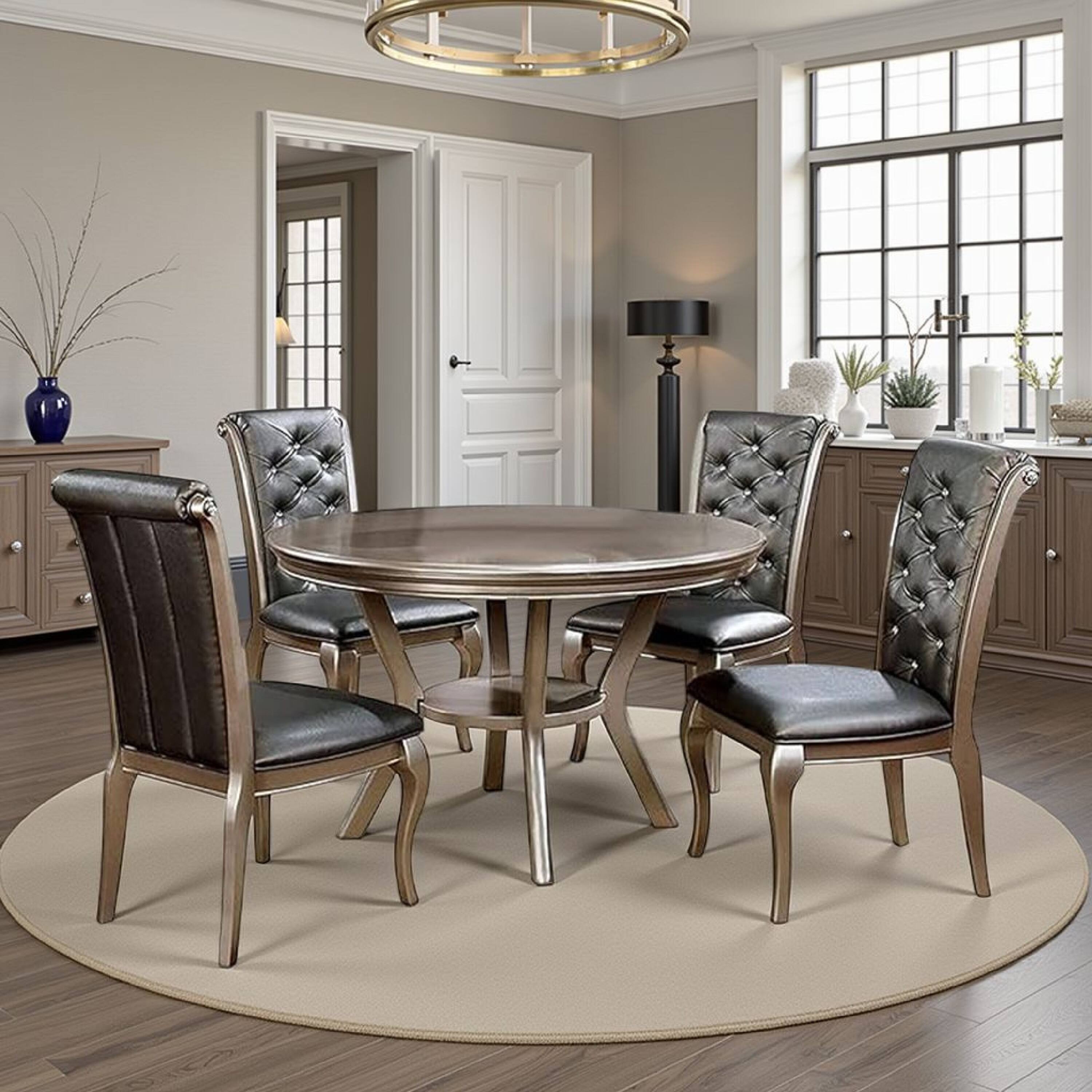 Alt View 5. Manhattan Lane - Nery 5pc Dining Table and Chair Set, 48 Inch Round, Gray Faux Leather - Champagne Gray.