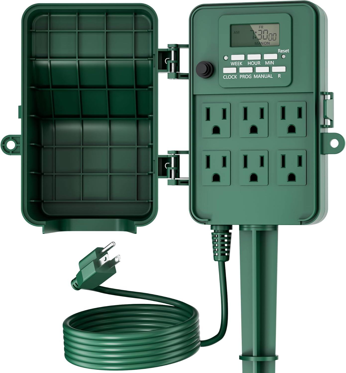 BN-LINK - Outdoor Power Stake, 7-Day Programmable Digital Timer, 6 Outlets, 6FT Extension Cord, Waterproof, ETL Listed - Green