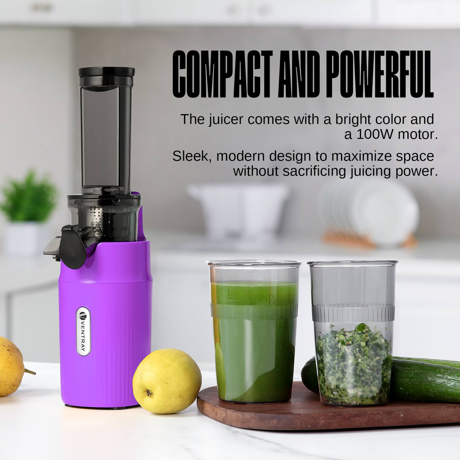 COMPACT AND POWERFUL

The juicer comes with a bright color and a 100W motor. Sleek, modern design to maximize space without sacrificing juicing power.