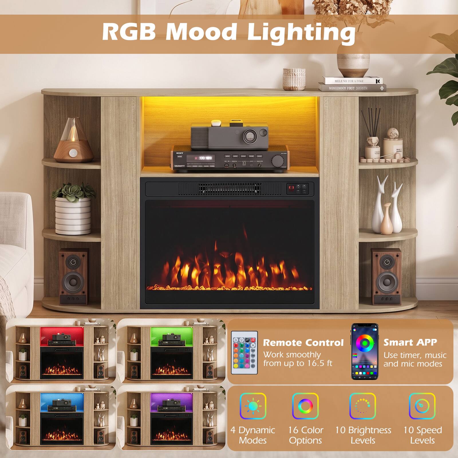 RGB Mood Lighting

ILLEY a DOL EXI MENERMIEN PROT SPEPSTH

K

SONY

...

...

3 Remote Control Work smoothly from up to 16.5 ft

Smart APP Use timer, music and mic modes

4 Dynamic 16 Color Modes Options

10 Brightness 10 Speed Levels
