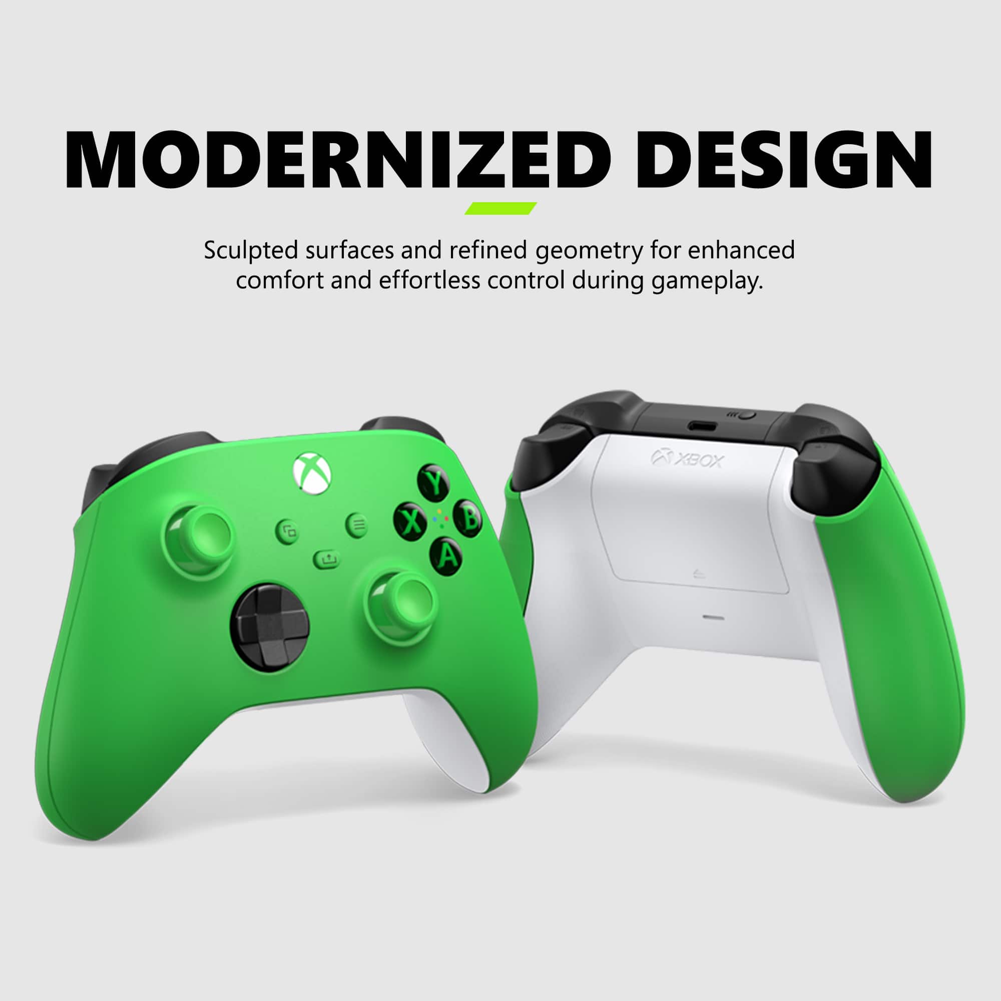 The text on the image reads: "Modernized Design: Sculpted surfaces and refined geometry for enhanced comfort and effortless control during gameplay. Xbox."