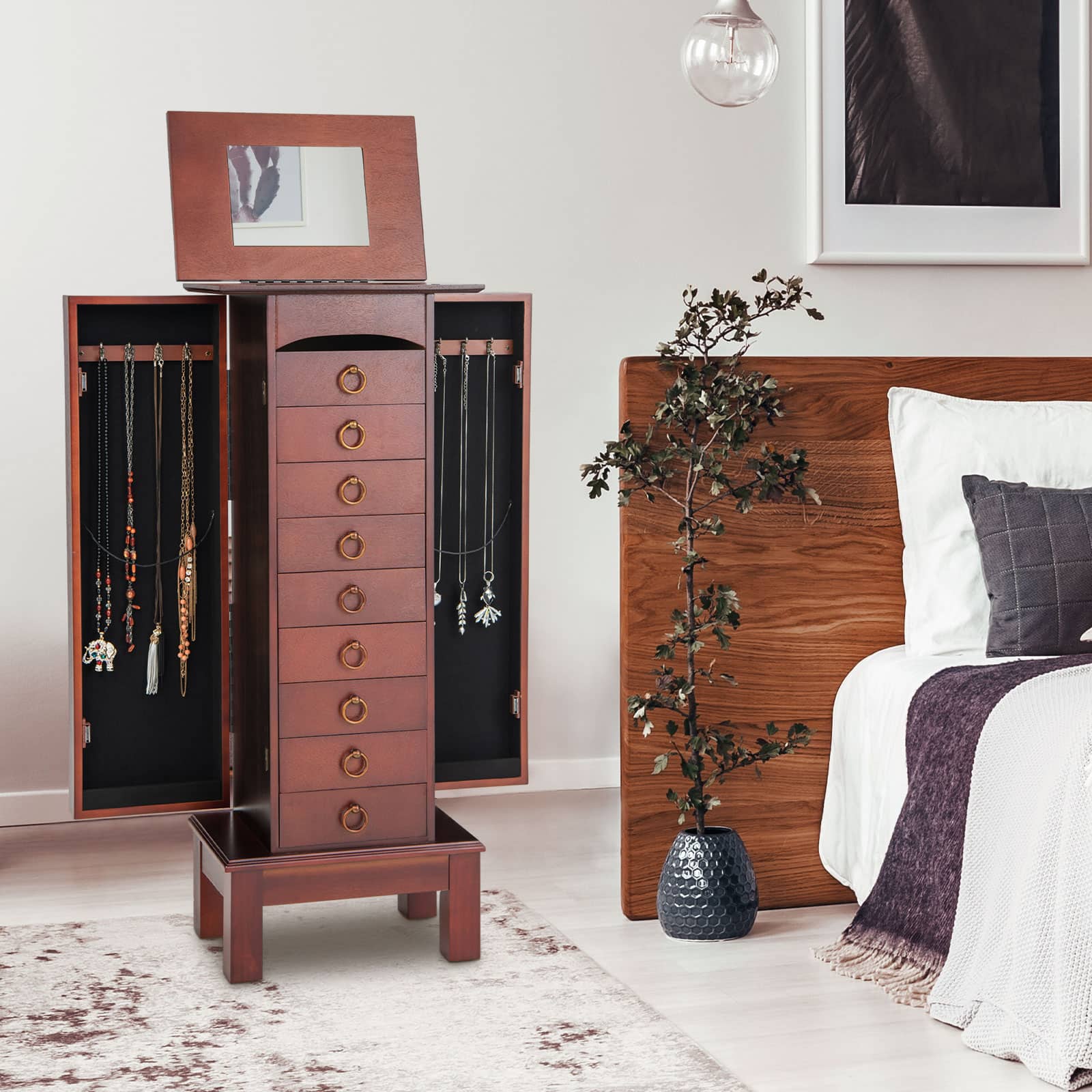 Alt View 11. Costway - Wood Jewelry Cabinet Armoire Storage Box Chest Stand Organizer Indoor Bedroom - Brown.