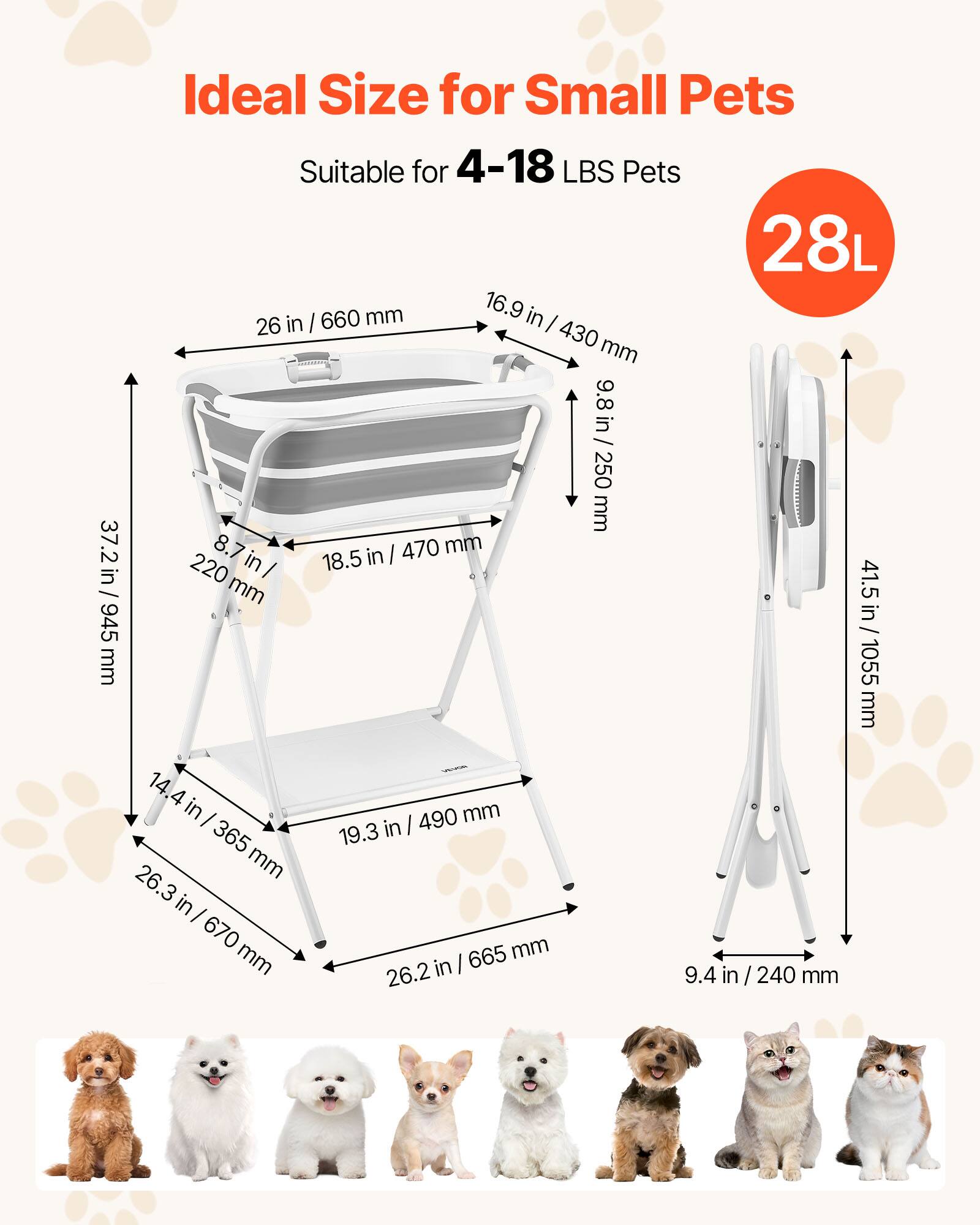 Ideal Size for Small Pets  
Suitable for 4-18 LBS Pets  
28L  

- 37.2 in / 945 mm  
- 26 in / 660 mm  
- 16.9 in / 430 mm  
- 8.7 in / 220 mm  
- 18.5 in / 470 mm  
- 14.4 in / 365 mm  
- 19.3 in / 490 mm  
- 26.3 in / 670 mm  
- 26.2 in / 665 mm  
- 9.4 in / 240 mm  
- 41.5 in / 1055 mm