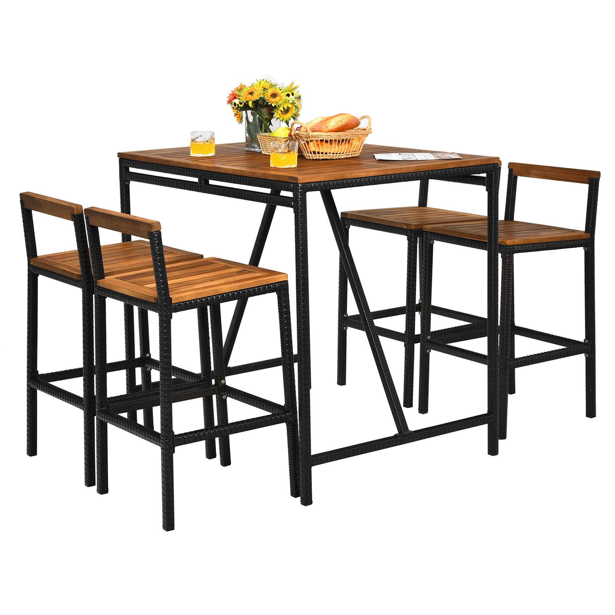 Alt View 1. Gymax - Gymax 5PCS Patio Bar Table Set PE Rattan High-Dining Bistro Set w/ Acacia Wood Top - Black.