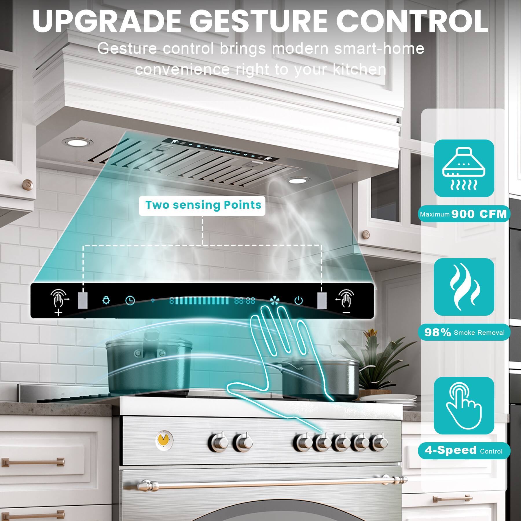 UPGRADE GESTURE CONTROL

Gesture control brings modern smart-home convenience right to your kitchen

- Two sensing Points
- Maximum 900 CFM
- 98% Smoke Removal
- 4-Speed Control