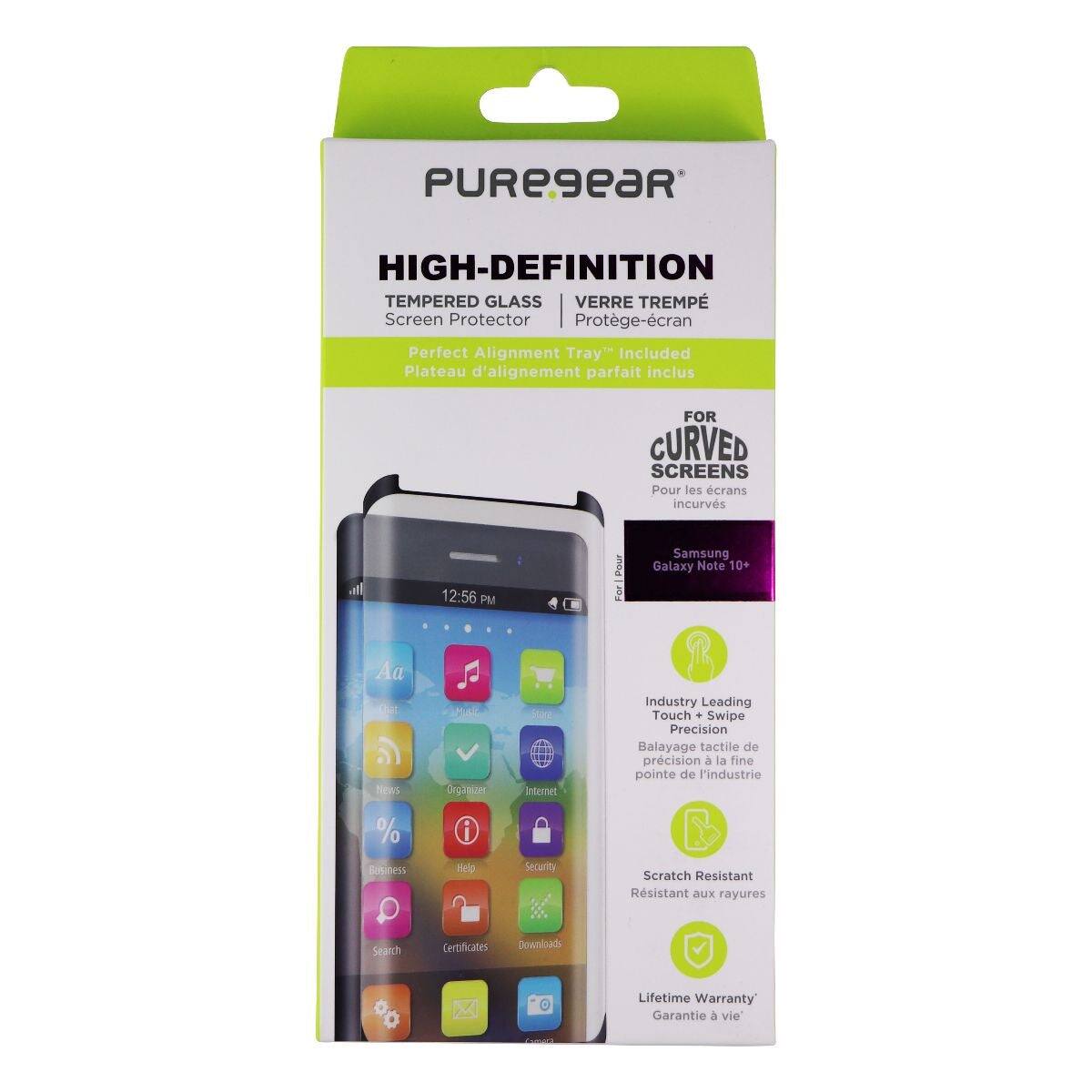 PUREgeaR HIGH-DEFINITION TEMPERED GLASS VERRE TREMPÉ Screen Protector Protège-écran Perfect Alignment Tray Included Plateau d'alignement parfait inclus FOR CURVED SCREENS Pour les écrans incurvés 12:56 PM Pour Samsung Galaxy Note 10+ Aa O News T Orgasszer o Internet Industry Leading Touch + Swipe Precision Balayage tactile de précision à la fine pointe de l'industrie % soiness i Hdo Security Scratch Resistant Résistant aux rayures search Certificates Downloads 8 Lifetime Warranty Garantie à vie