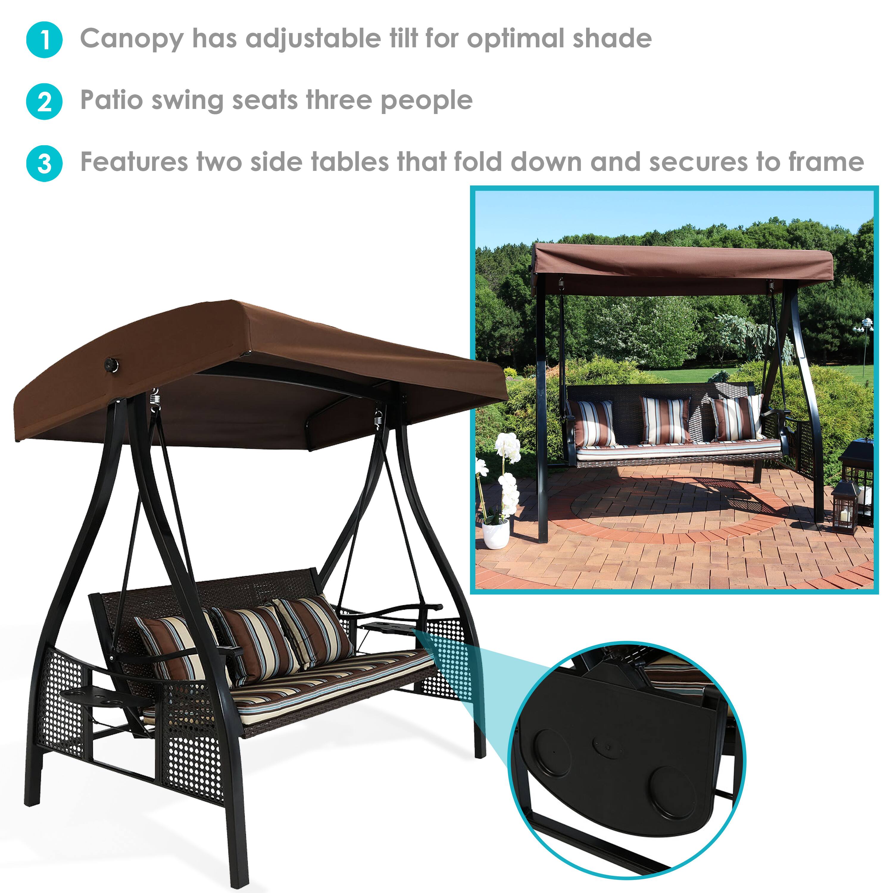 1. Canopy has adjustable tilt for optimal shade  
2. Patio swing seats three people  
3. Features two side tables that fold down and secures to frame