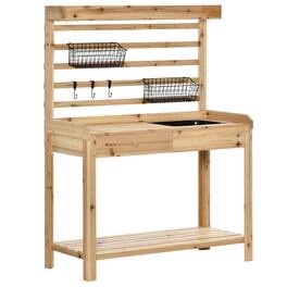 Outsunny - Potting Bench Table, Garden Work Bench, Workstation with Metal Sieve Screen, Removable Sink, Additional Hooks - Natural wood finish