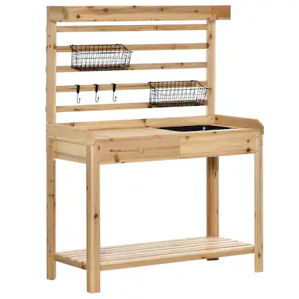 Front. Outsunny - Potting Bench Table, Garden Work Bench, Workstation with Metal Sieve Screen, Removable Sink, Additional Hooks - Natural wood finish.