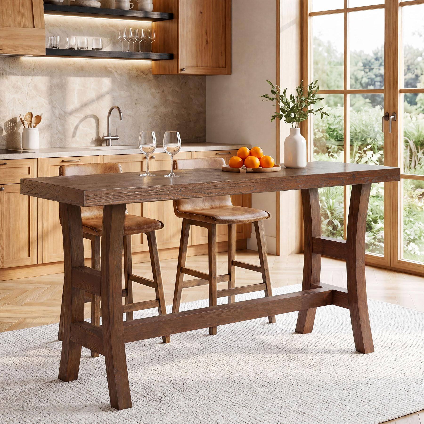 Left. Tribesigns - 63-Inch Solid Fir Wood Counter-Height Bar Table with Curved Legs and Footrest for Kitchen or Bistro - Dark Walnut.