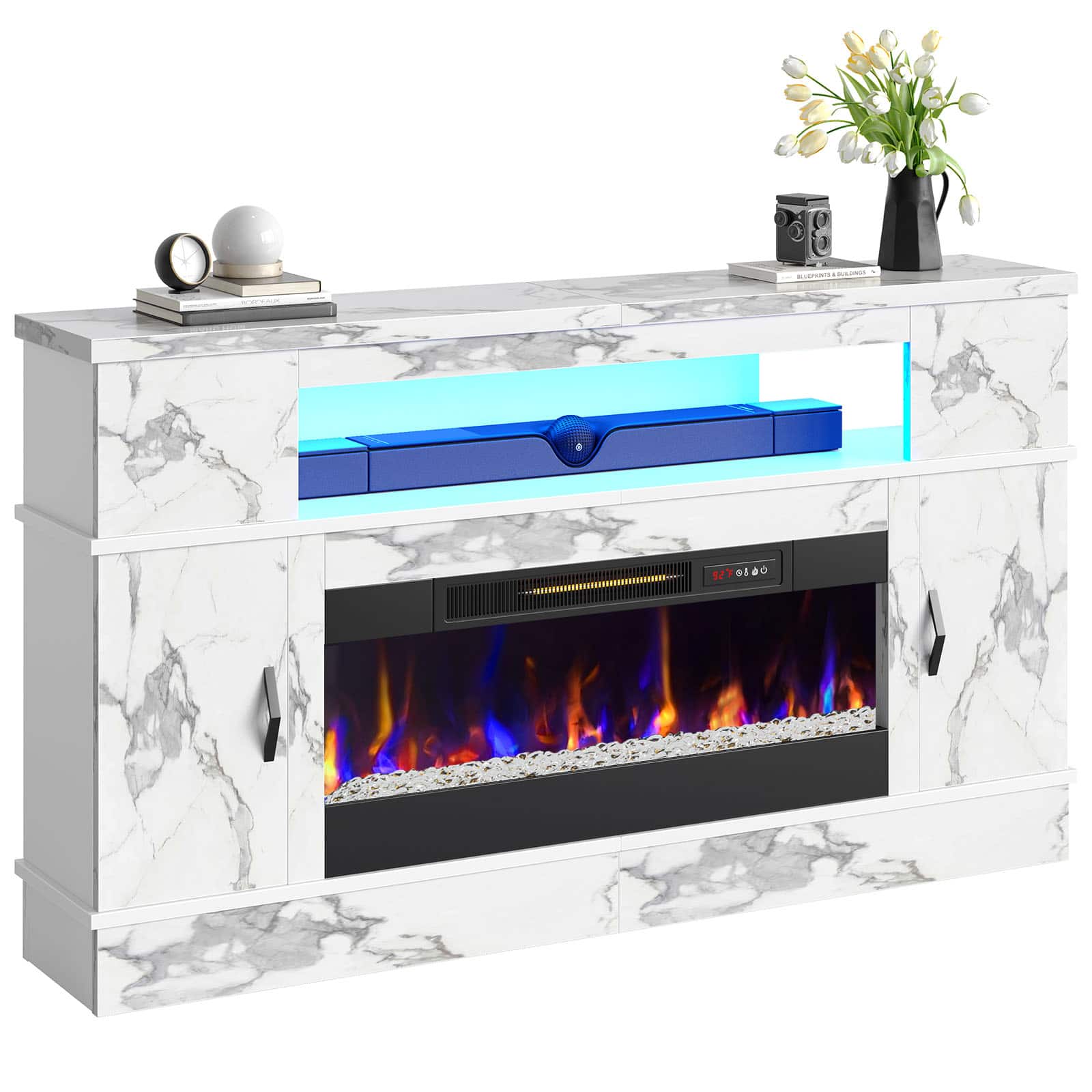Front. Bestier - 63"W fireplace TV stand for 70" TVs, 36"W electric fireplace, storage & LED lights - White.