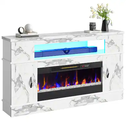 Front. Bestier - 63"W fireplace TV stand for 70" TVs, 36"W electric fireplace, storage & LED lights - White.