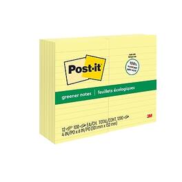 Post-it - Greener Recycled Notes, 4" x 6", Canary Collection, Lined, 100 Sheet/Pad, 12 Pads/Pack - Canary Yellow