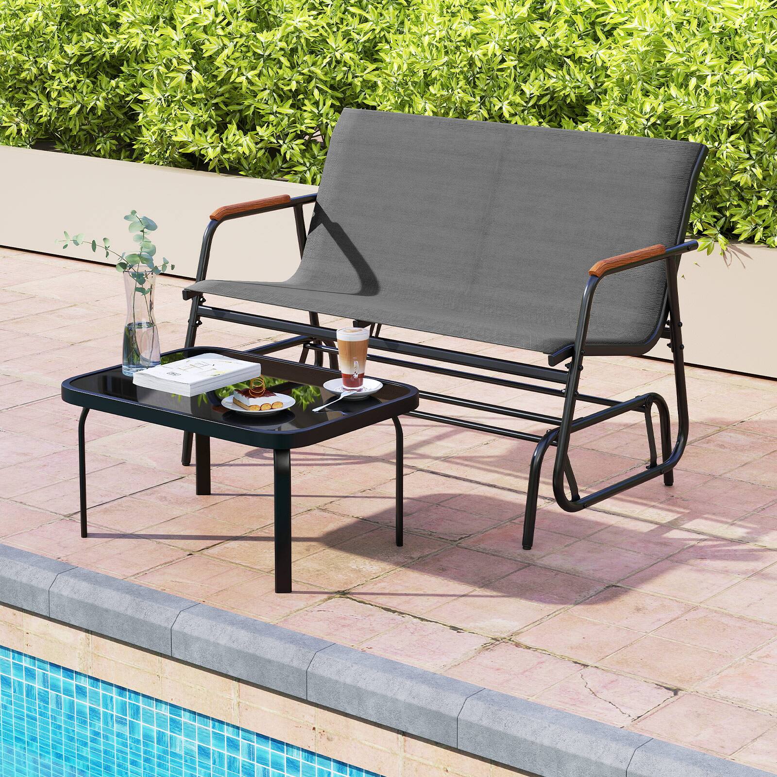 Alt View 3. Costway - Costway 2-Person Outdoor Glider Bench with Breathable Fabric Seat Curved Teak Wood Armrests - Gray.