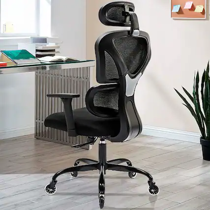 Front. KERDOM - Ergonomic Mesh Office Chair with Lumbar Support, Rubber Wheels for Wooden Floor, Recline Computer Chair with Headrest - Black.