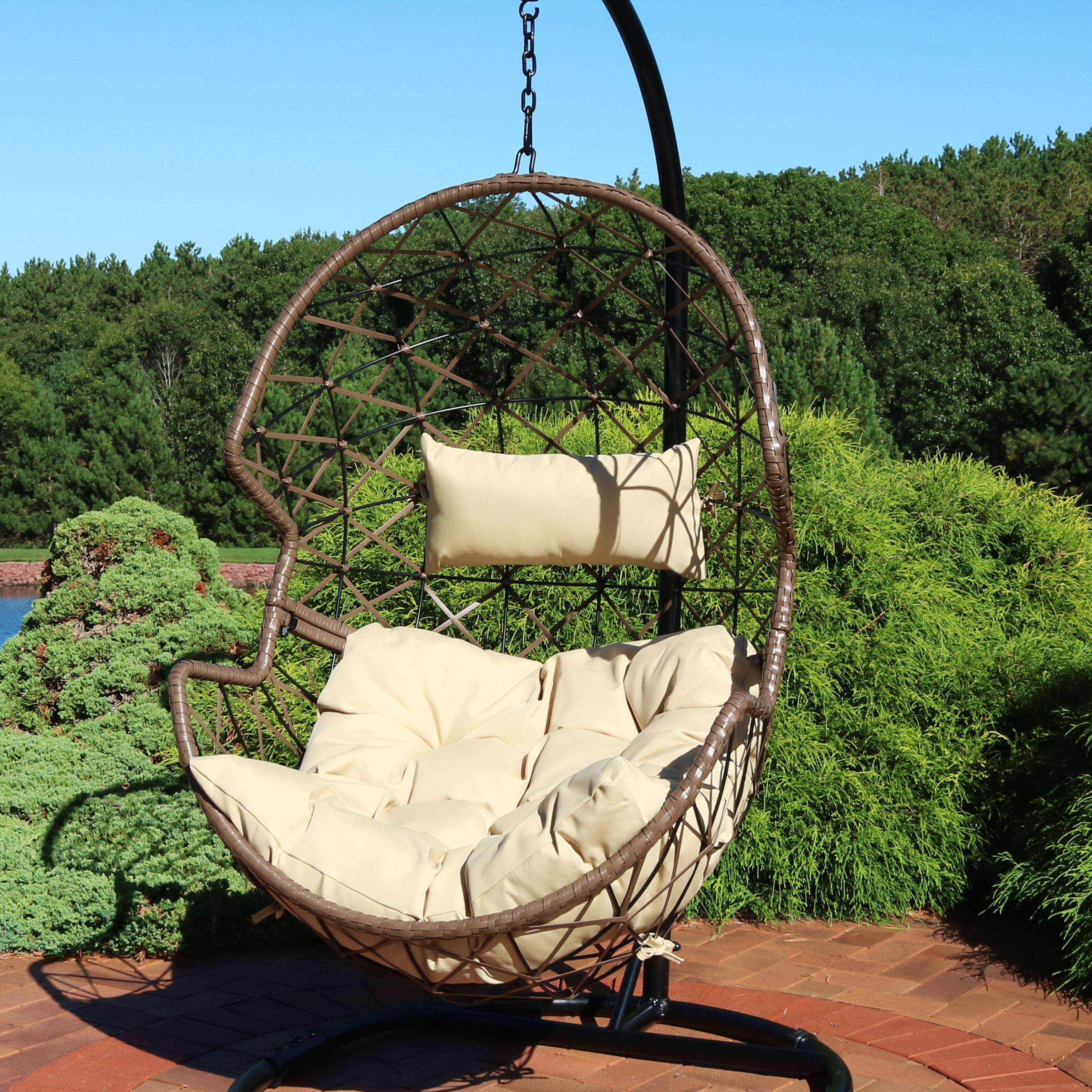 Alt View 1. Sunnydaze - Resin Wicker Basket Hanging Egg Chair with Cushions - Cream.