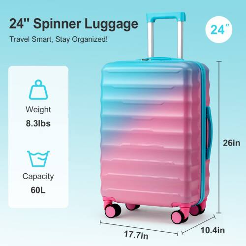 24" Spinner Luggage  
Travel Smart, Stay Organized!  

Weight: 8.3lbs  
Capacity: 60L  

Dimensions:  
- Height: 26in  
- Width: 17.7in  
- Depth: 10.4in
