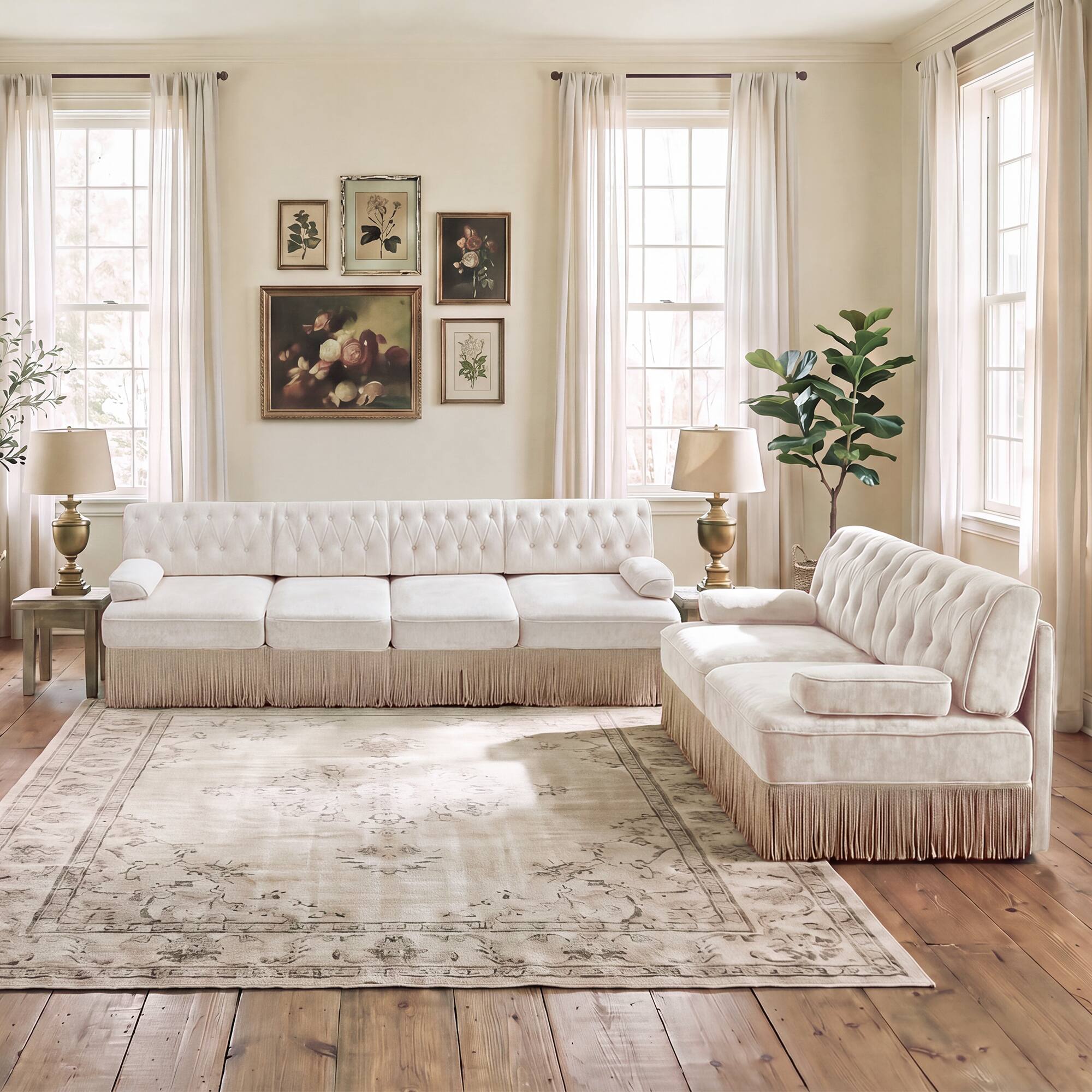 Angle. Anysun - Chesterfield Upholstered 2‑Piece Sofa Set, 1Pc 2-Seater & 1Pc 4-Seater Button-Tufted Velvet Couch with Tassel Skirt - Beige.