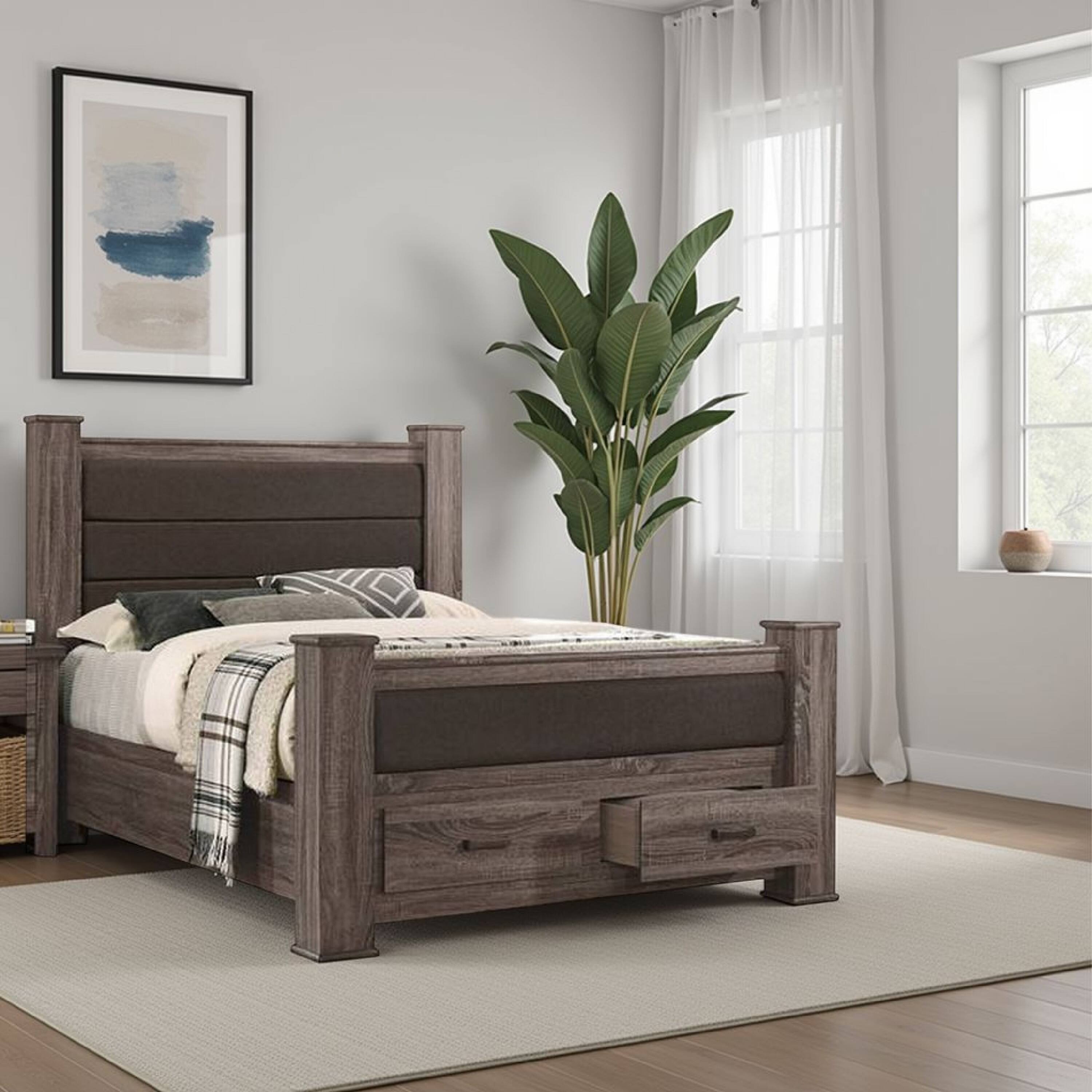 Alt View 5. Manhattan Lane - Fort Classic Queen Sized Bed with 2 Drawers, Upholstered Panel - Oak Gray.