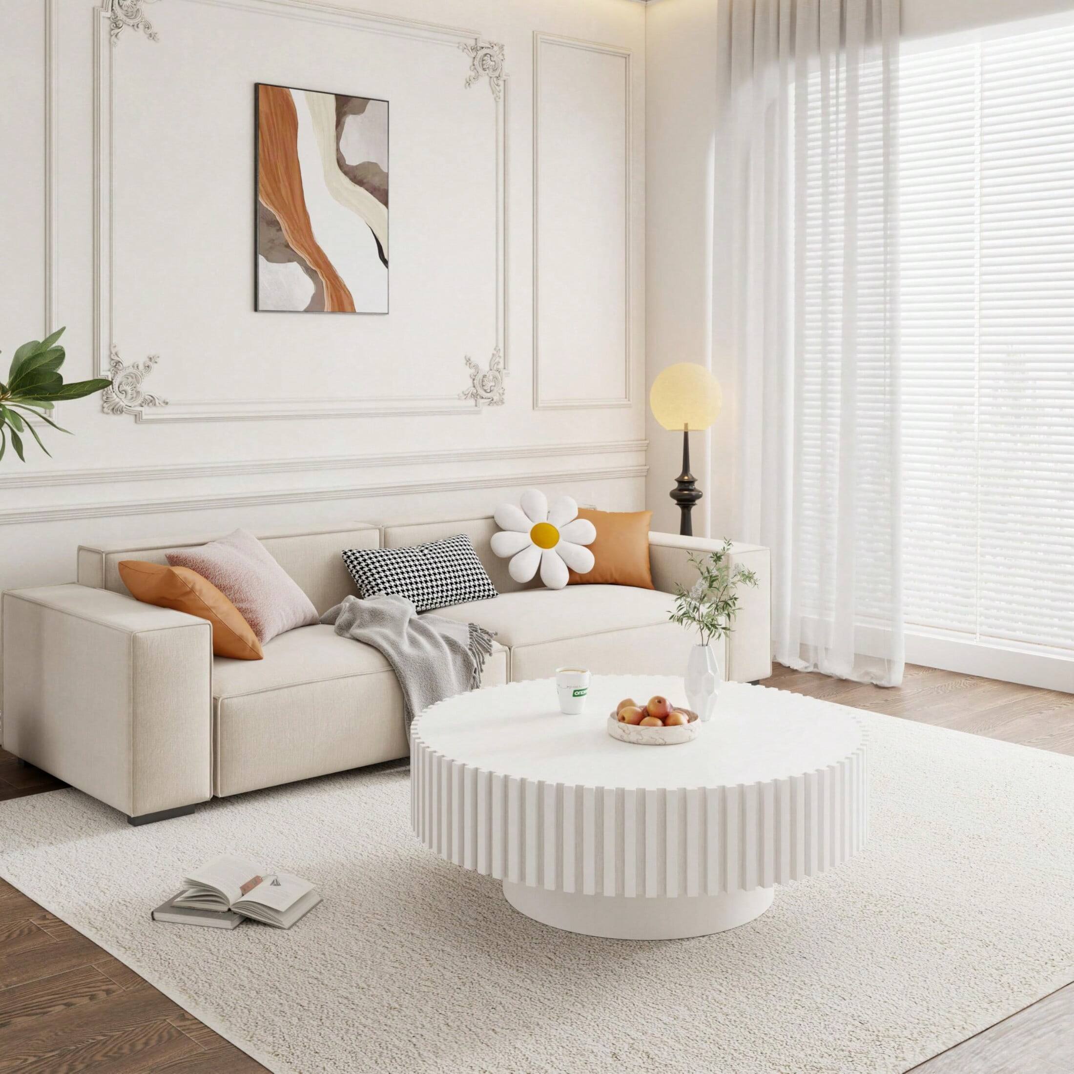 Alt View 4. Trinkets Crazed - 39.37" Round Coffee Table Wood,Circle Coffee Table, Drum Fluted Coffee Accent End Side Center Table - White.