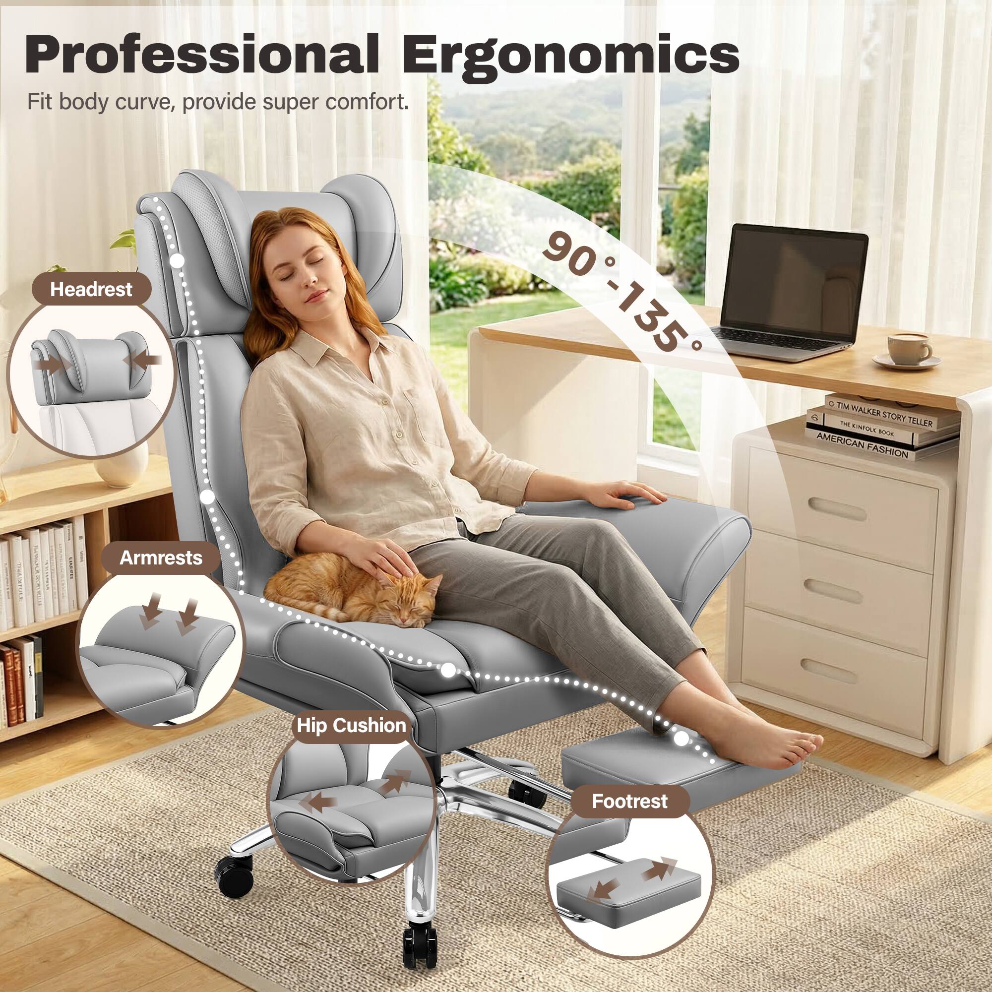Professional Ergonomics  
Fit body curve, provide super comfort.  

Headrest: 90° - 135°  

Armrests  
Hip Cushion  
Footrest  

TM HALKER STORY - TELLER  
KIE AMERICAN FASHION