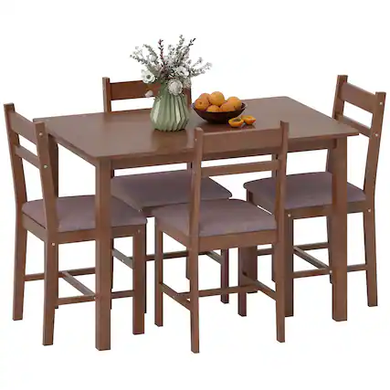 Front. Homcom - Solid Wood Dining Table Set for 4, Farmhouse Kitchen Table with Upholstered Chairs for Dining Room - Light Brown, Brown.