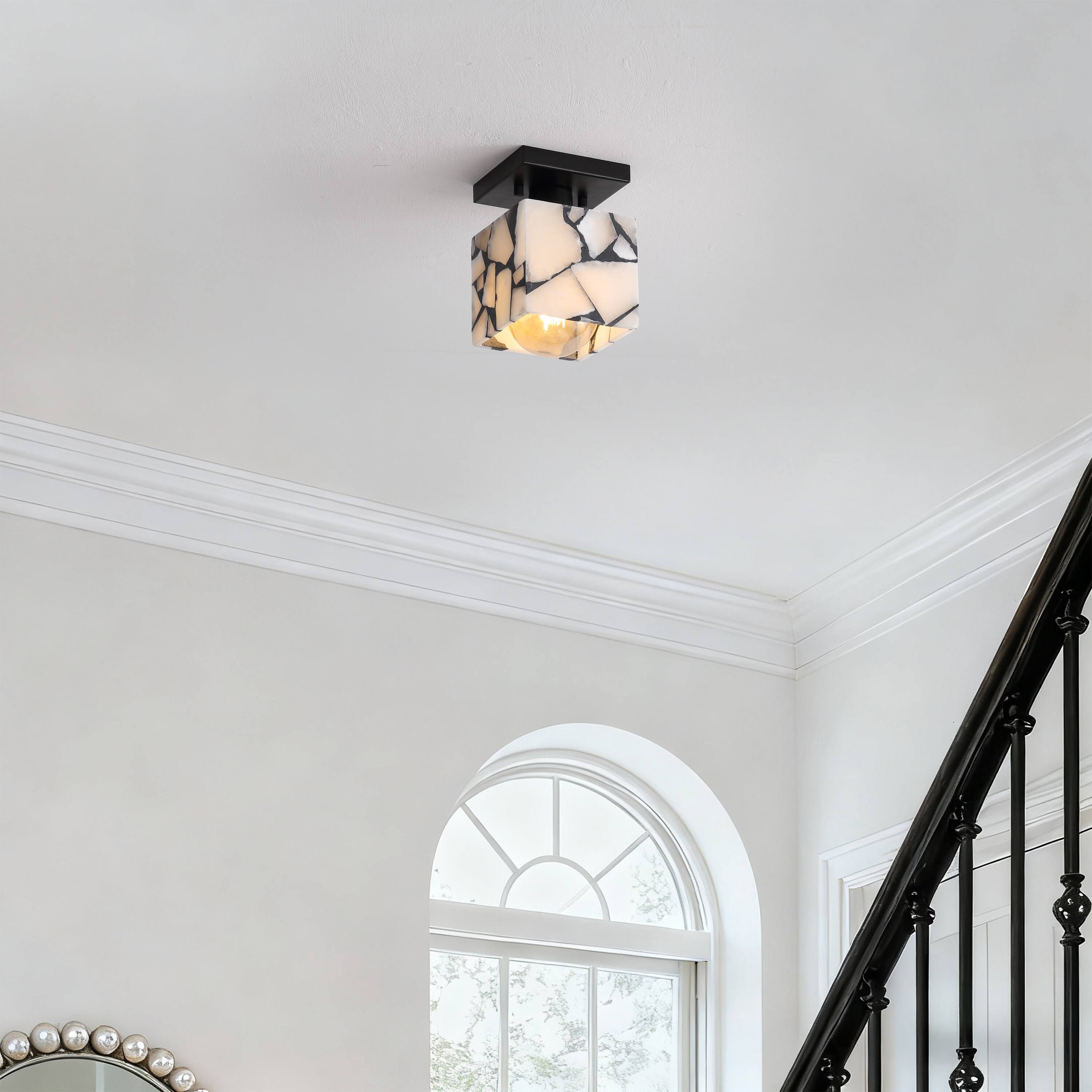 Alt View 7. Jonathan Y - Alessia 5" 1-Light Modern Contemporary Alabaster/Metal Cube LED Semi Flush Mount, Black and White Marbling/Black - White/Black.