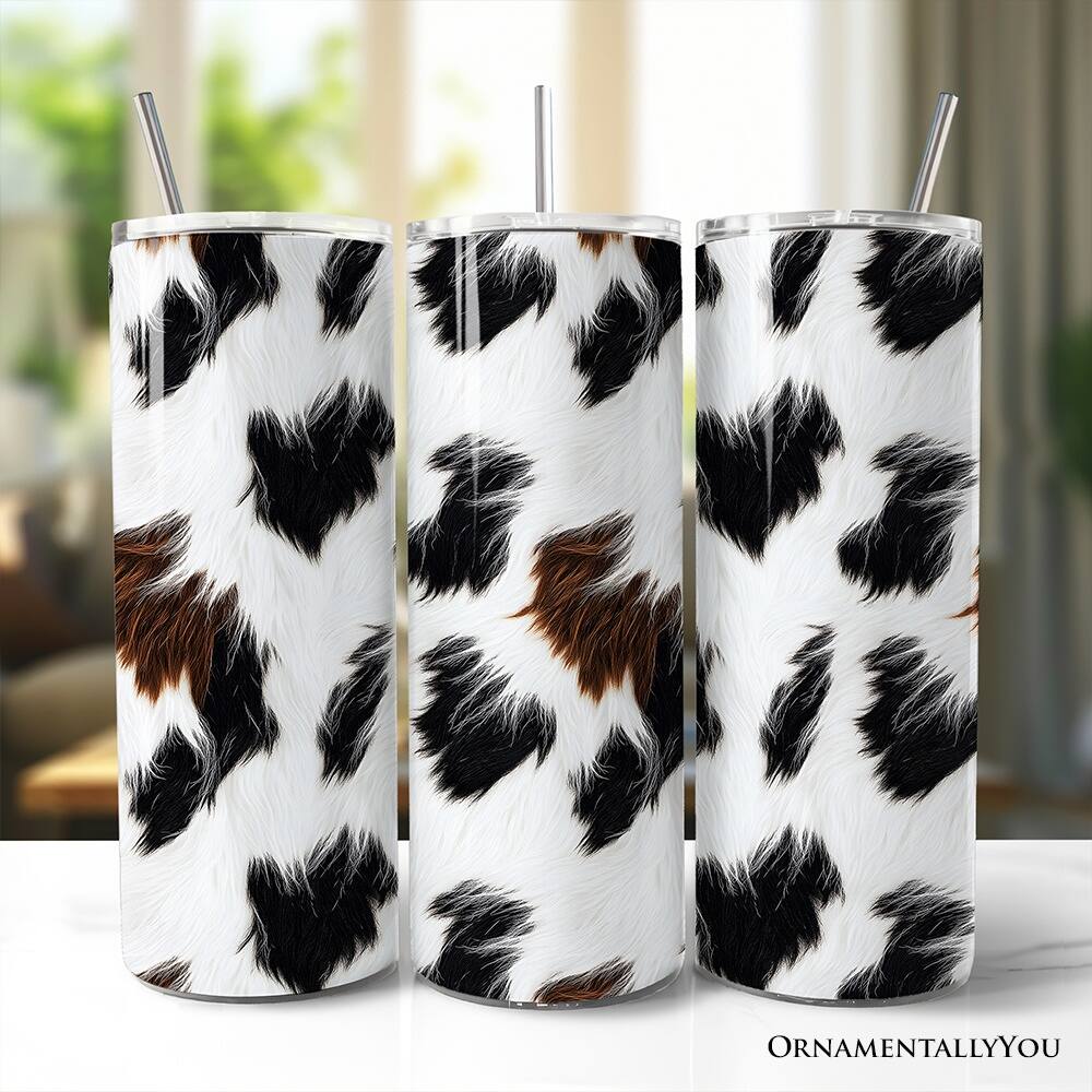 Left. OrnamentallyYou - Cowhide Fur Pattern 20oz Tumbler With Lid and Stainless Steel Straw, Rustic Farmhouse Gift Cup - Multicolored.