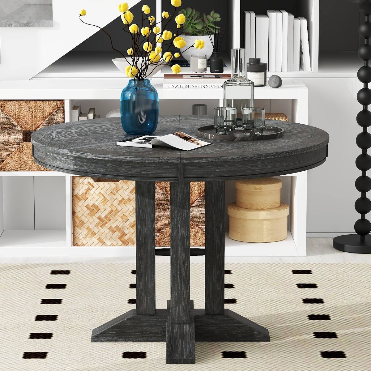 Back. Loheer - Loheer Black Extendable Dining Table, Round Farmhouse Table for Kitchen and Dining Room - Black.