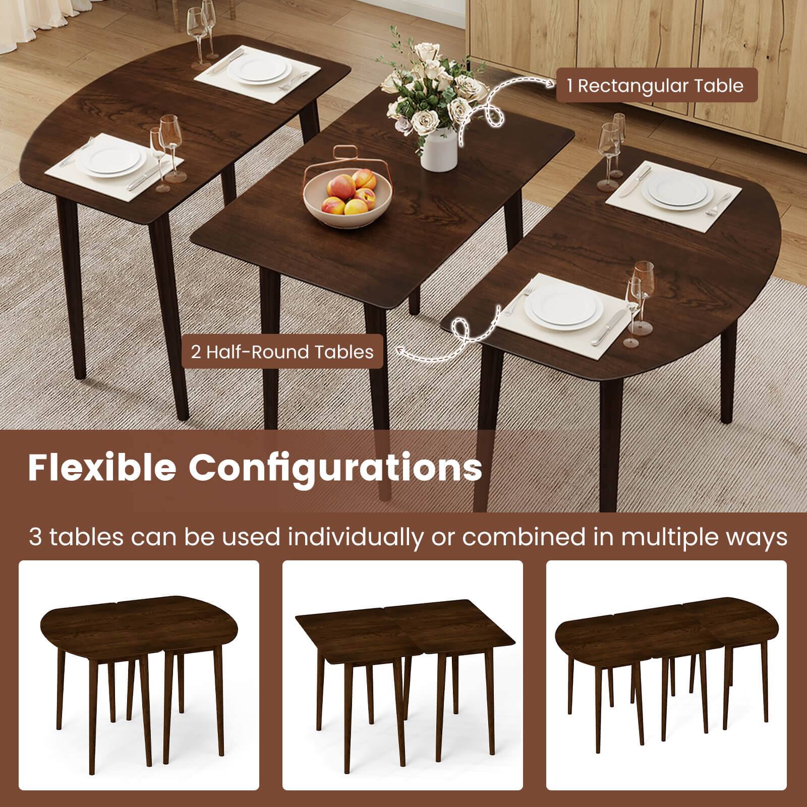 1 Rectangular Table  
2 Half-Round Tables  

Flexible Configurations  
3 tables can be used individually or combined in multiple ways