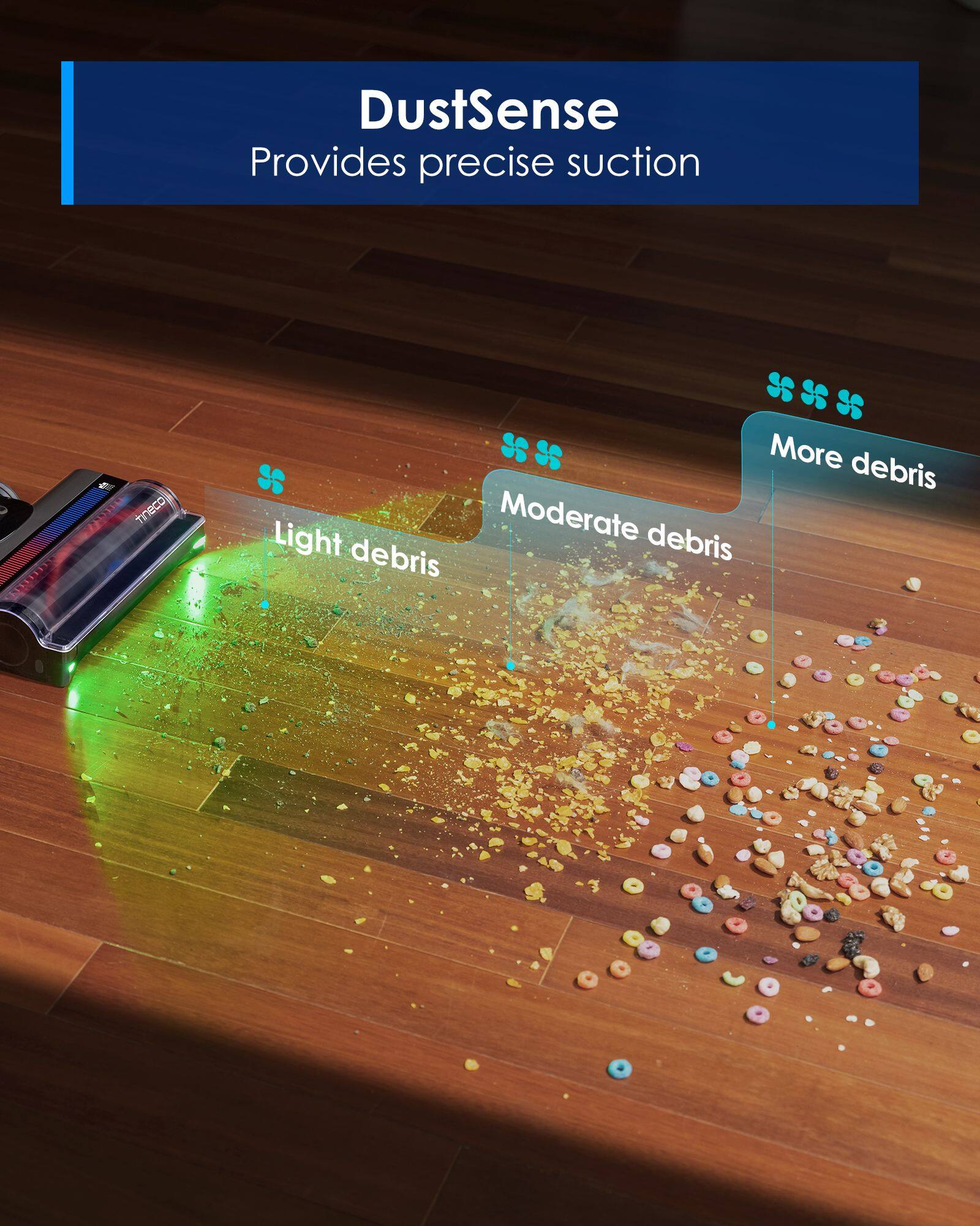 DustSense  
Provides precise suction

tineco  
Light debris  
Moderate debris  
More debris