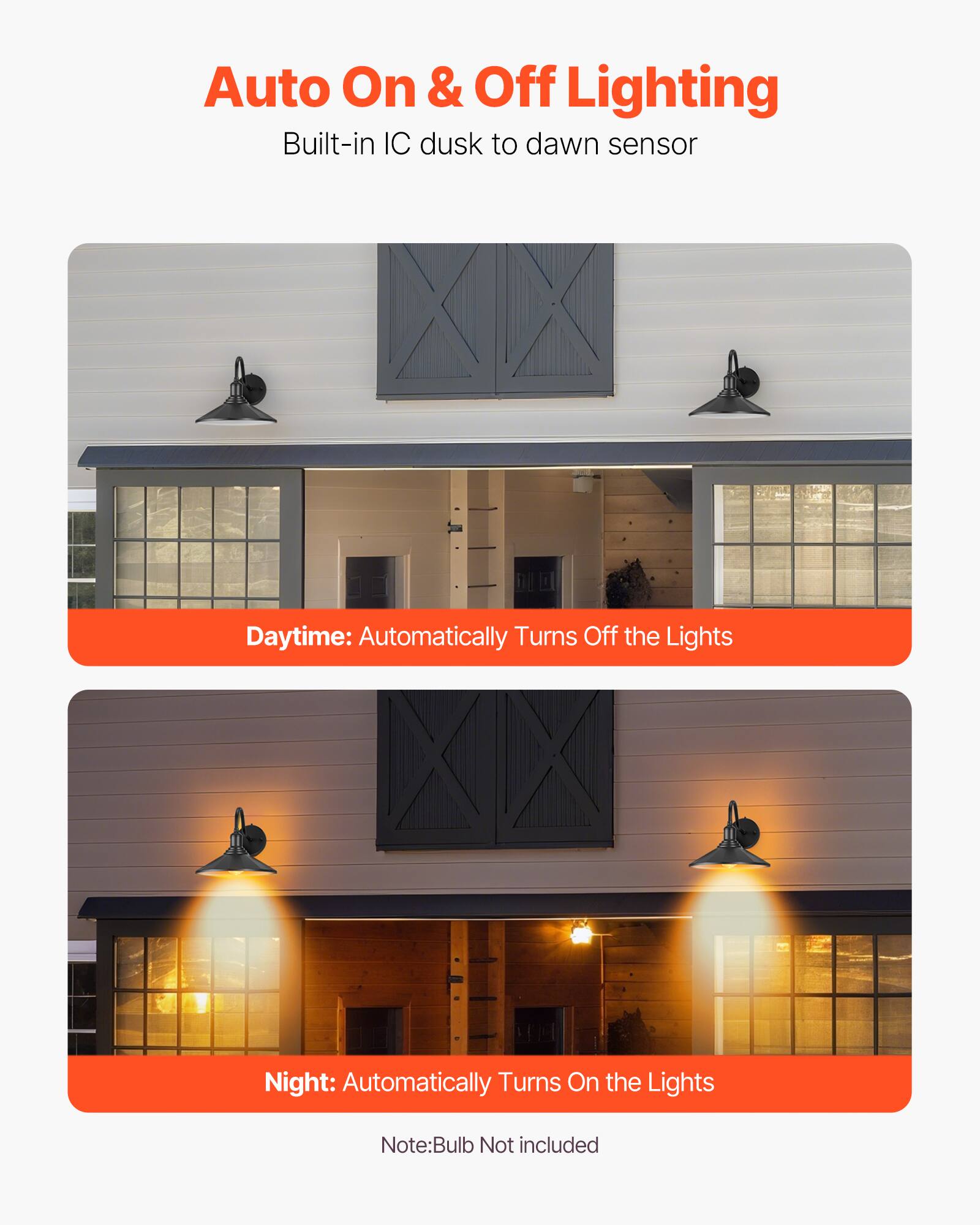 Auto On & Off Lighting  
Built-in IC dusk to dawn sensor  

Daytime: Automatically Turns Off the Lights  

Night: Automatically Turns On the Lights  

Note: Bulb Not included