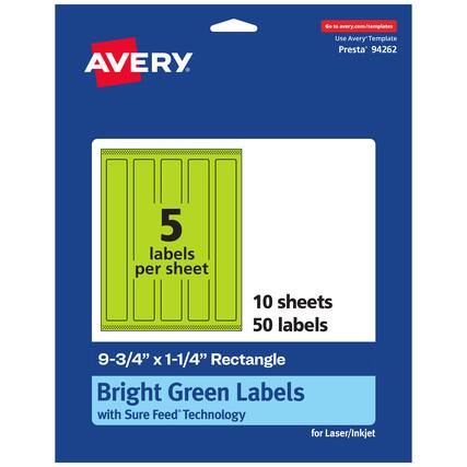 Go to avery.com/templates
AVERY
Use Avery Template Presta* 94262
5 labels per sheet
10 sheets
50 labels
9-3/4" x 1-1/4" Rectangle
Bright Green Labels with Sure Feed Technology for Laser/Inkjet