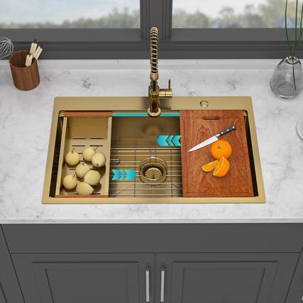 Front. Siljoy - 36" Drop in Gold Kitchen Sink - 36 x 22 x 10 inch Topmount Single Bowl 16 Gauge Stainless Steel Ledge Kitchen Sinks - Gold.