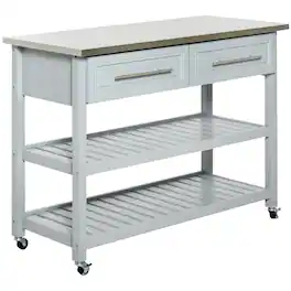 Homcom - Kitchen Island with Stainless Steel Top, Traditional Kitchen Island with Storage, 2-Tier Open Shelves, Drawers - Gray