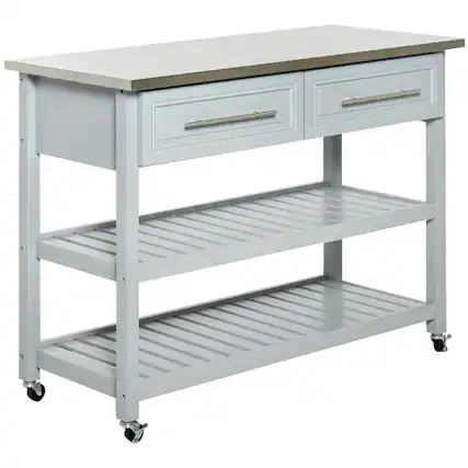 Front. Homcom - Kitchen Island with Stainless Steel Top, Traditional Kitchen Island with Storage, 2-Tier Open Shelves, Drawers - Grey.