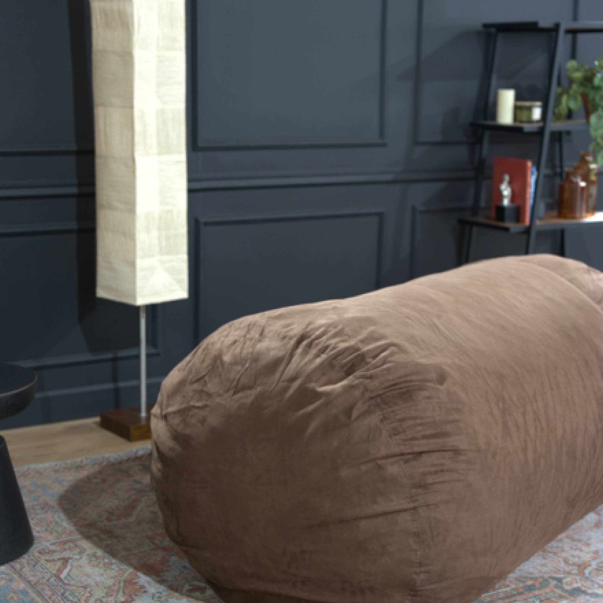 Left. GOODSILO - Traditional 8 Foot Suede Cylindrical Bean Bag Chair for Living Room and Bedroom Comfort - Brown.