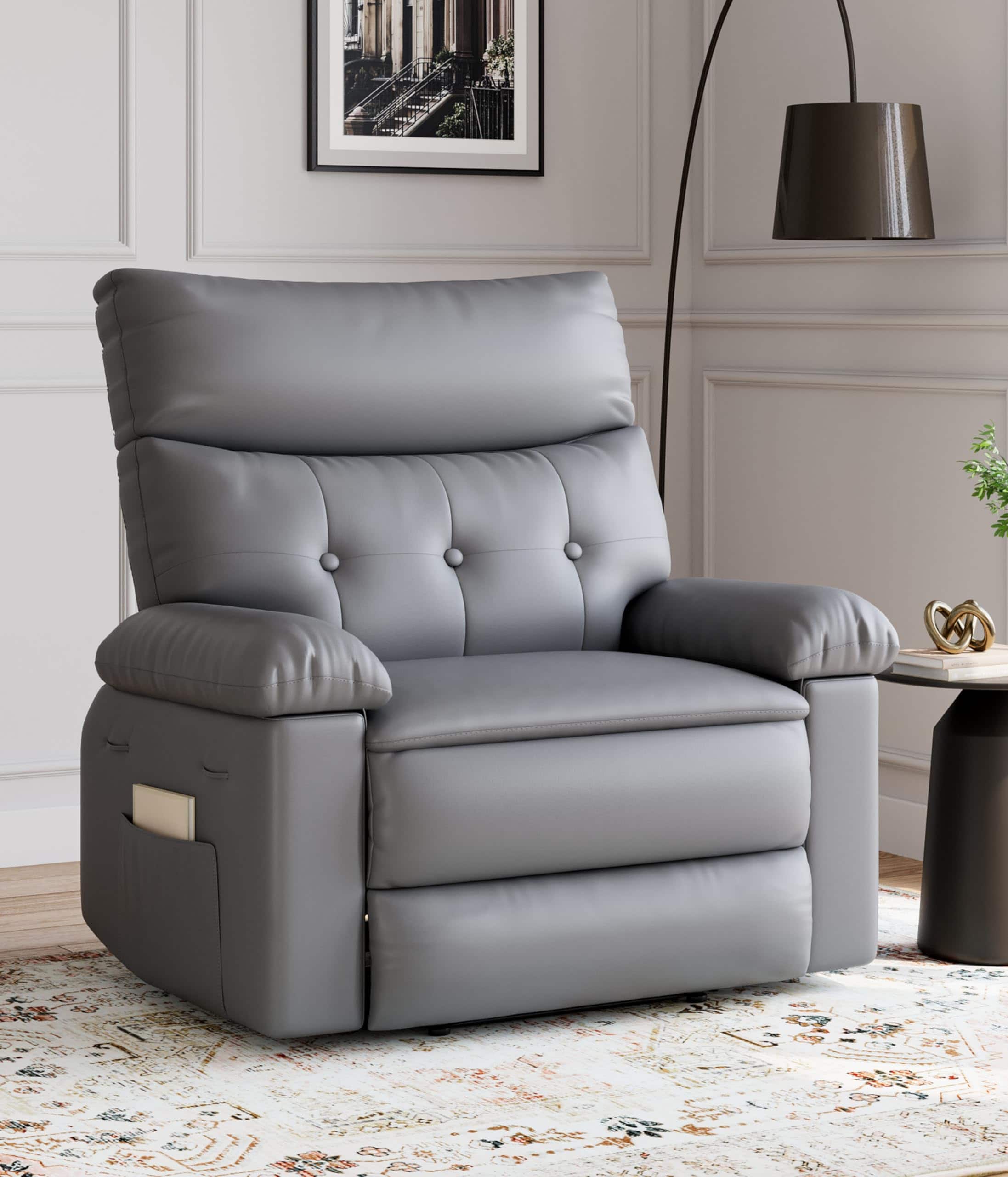 Babevy - 41.7" Wide Oversized Recliner Chair with Heat and Massage, PU Leather Manual Recliner with 1.5X Sponge Filling - Gray