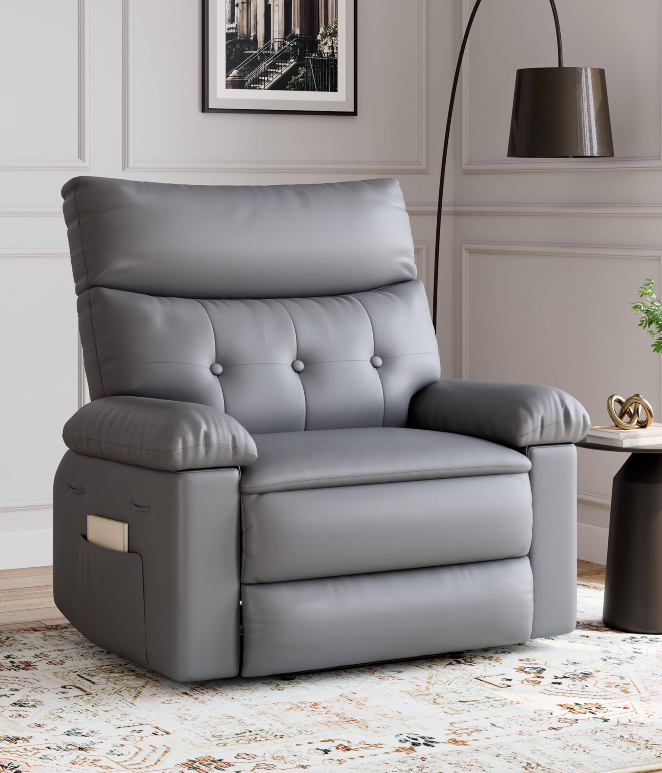 Jojoka - 41.7" Wide Oversized Recliner Chair with Heat and Massage, PU Leather Manual Recliner with 1.5X Sponge Filling - Gray