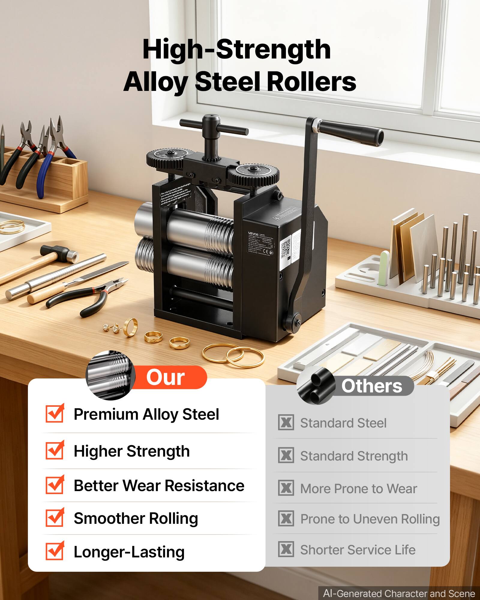High-Strength Alloy Steel Rollers

Our
- Premium Alloy Steel
- Higher Strength
- Better Wear Resistance
- Smoother Rolling
- Longer-Lasting

Others
- Standard Steel
- Standard Strength
- More Prone to Wear
- Prone to Uneven Rolling
- Shorter Service Life

AI-Generated Character and Scene
