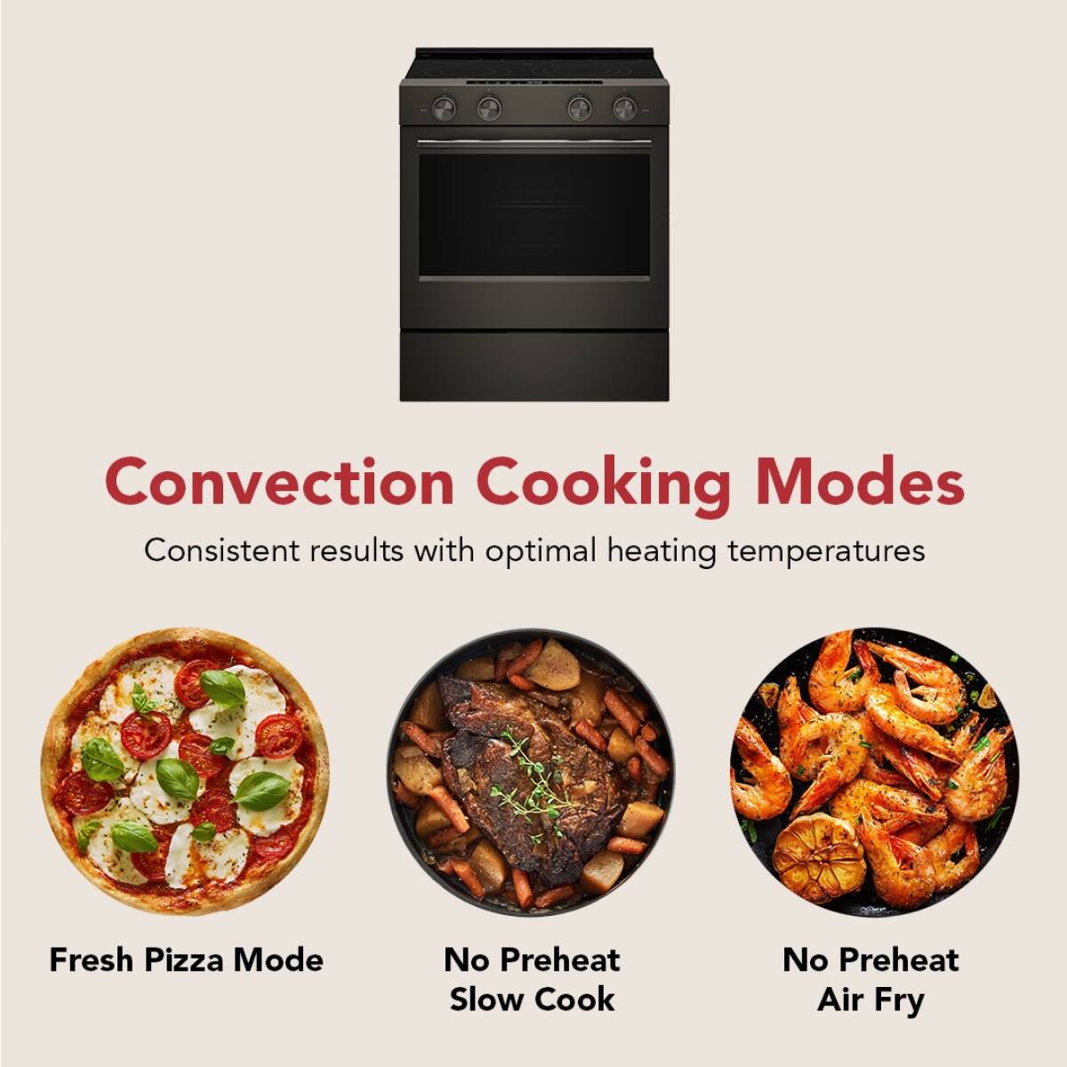 Convection Cooking Modes  
Consistent results with optimal heating temperatures  

- Fresh Pizza Mode  
- No Preheat Slow Cook  
- No Preheat Air Fry