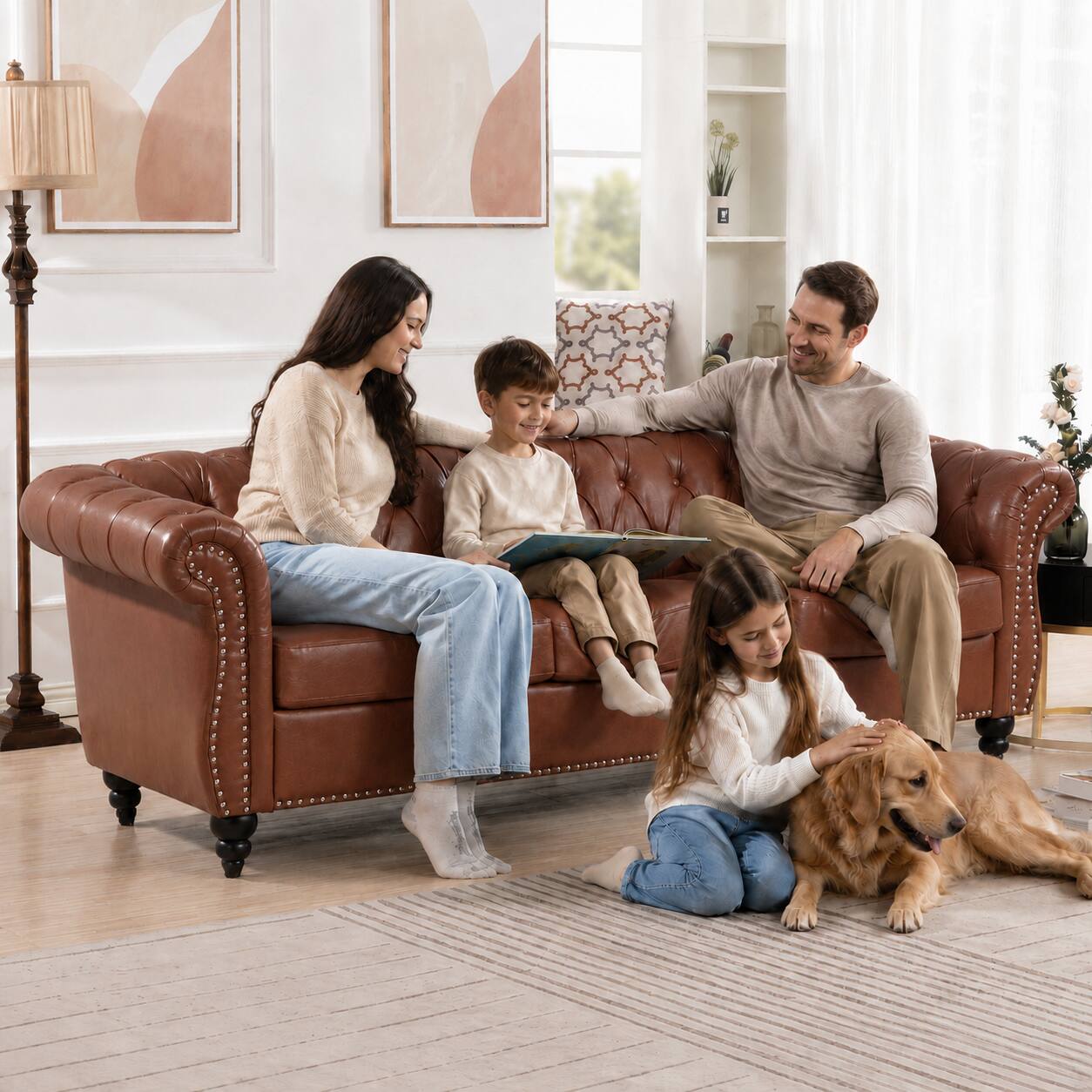 Angle. Anysun - 84" Faux Leather 3-Seat Chesterfield Sofa - Rolled Arm, Deep Seating, Button Tufted for Living Room & Office - Brown.