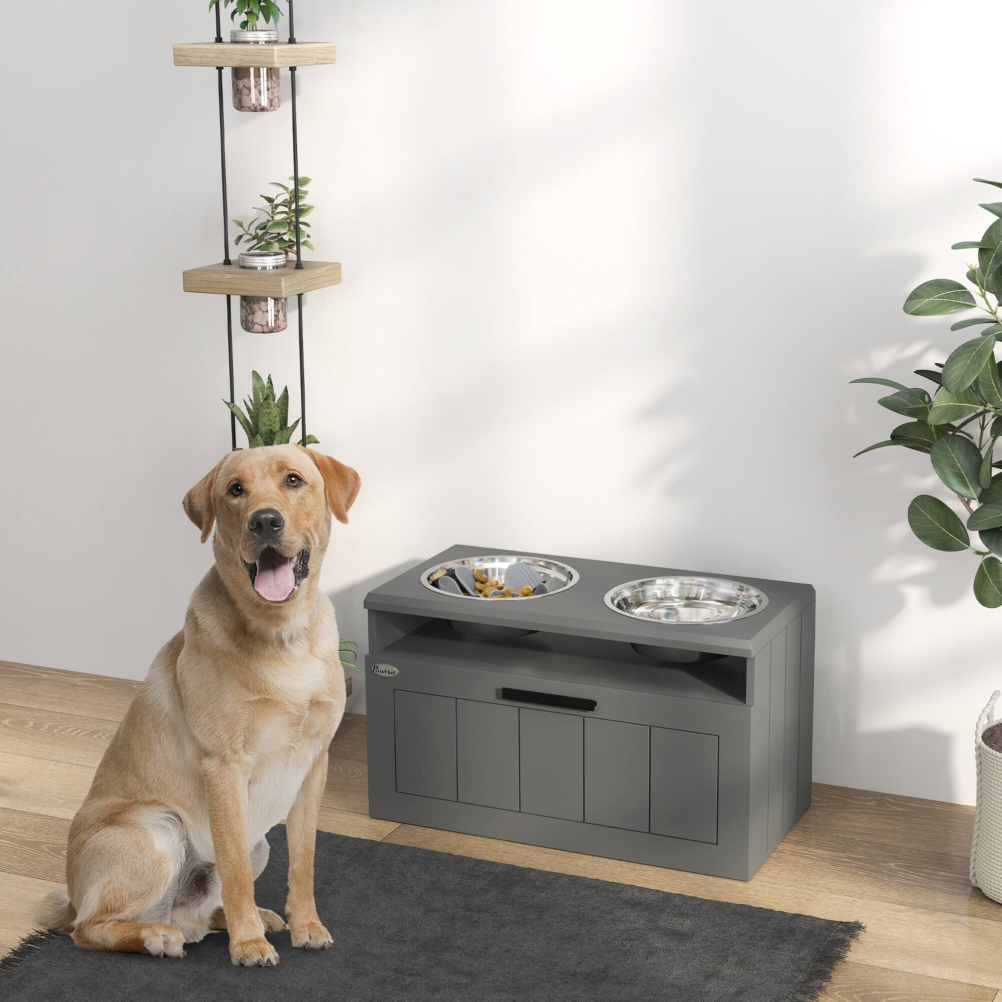 Alt View 1. Pawhut - Dog Bowls, Large Breed Raised Dogs Bowl Stand with 2 Stainless Steel Bowls - Gray.