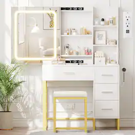 GARVEE - Vanity Desk with Sliding Tri-Color LED Mirror, Charging Station, 4 Drawers, Shelves, Stool, Makeup Table for Bedroom - White