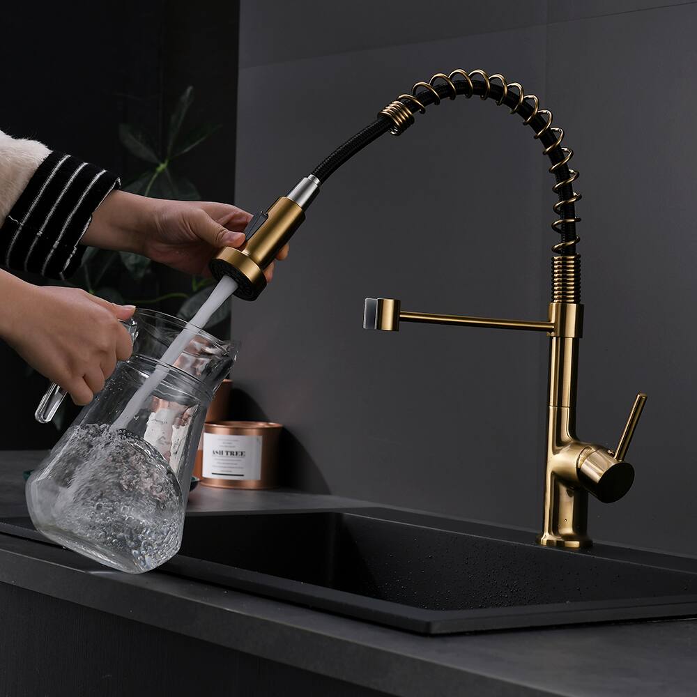 Alt View 2. Siljoy - Commercial Kitchen Faucet with Pull Down Sprayer, Single Handle Single Lever Kitchen Sink Faucet - Gold.