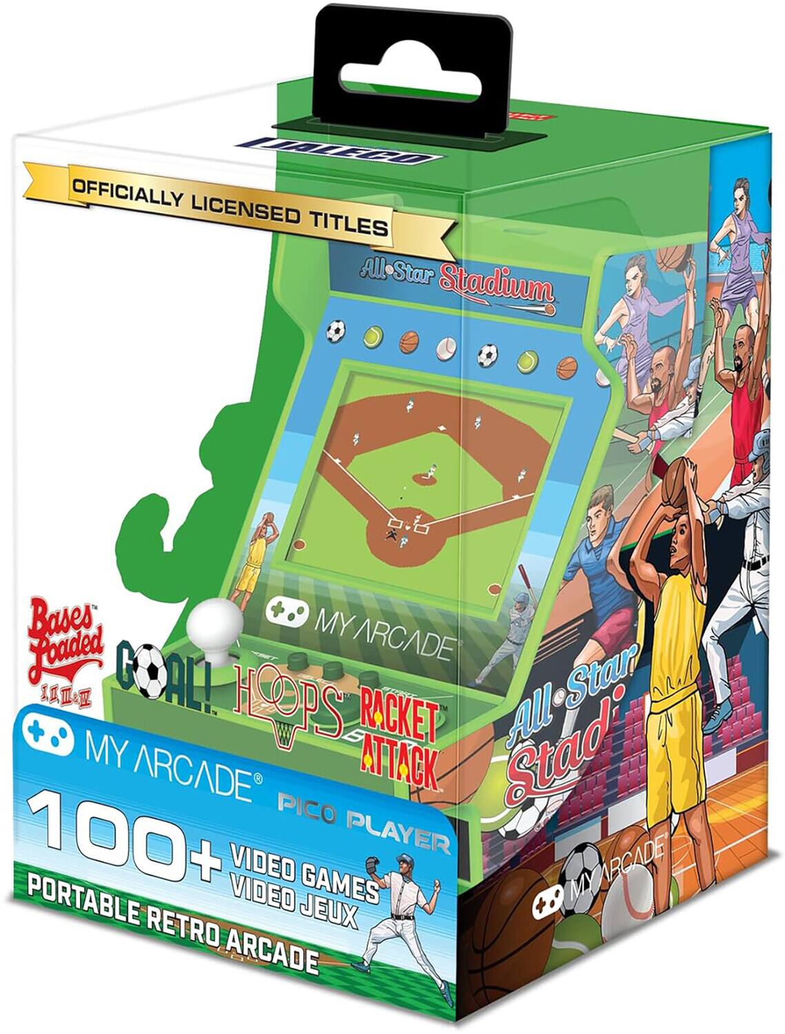 OFFICIALLY LICENSED TITLES  
All-Star Stadium  
Bases Loaded  
Goal!  
Hops Racket Attack  
All-Star Stadium  
MY ARCADE  
100+ VIDEO GAMES  
PORTABLE RETRO ARCADE