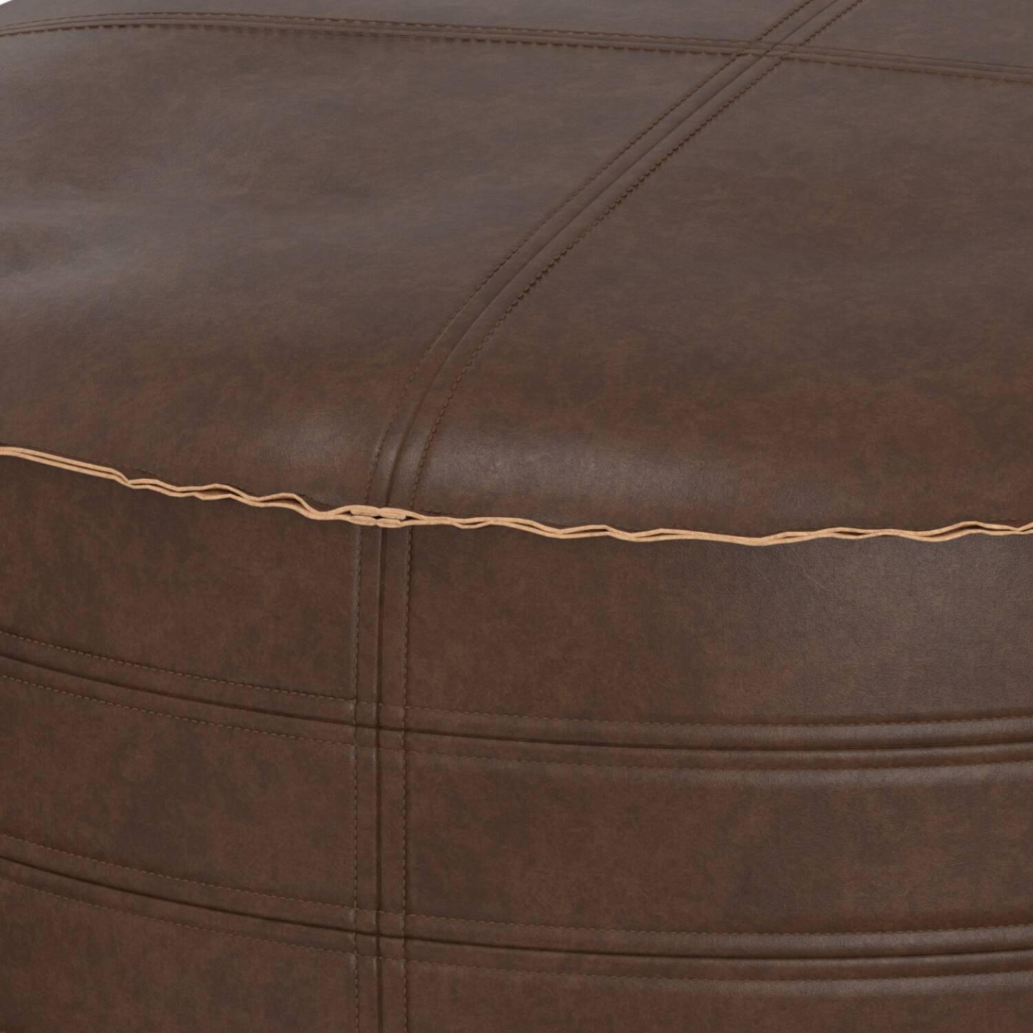 Alt View 1. Simpli Home - Brody Boho Round Pouf in Distressed Dark Brown Vegan Faux Leather - Distressed Dark Brown.