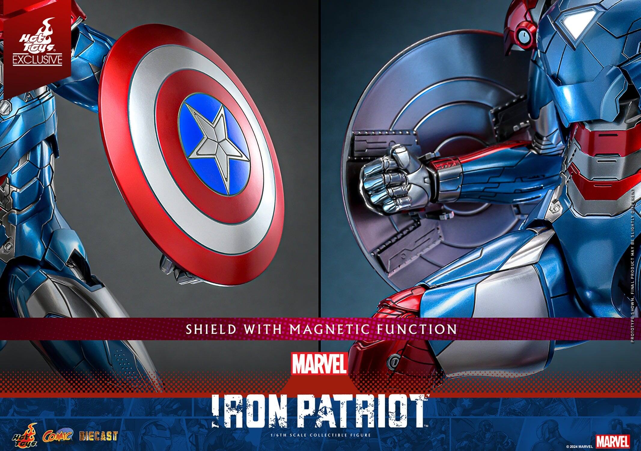 Hot Toys. EXCLUSIVE S COMIC Hoto BIECAST Toye. SHIELD WITH MAGNETIC FUNCTION MARVEL HON PATRIOT 1/61H SCALE COLLECTIBLE FIGURI PEG SLIGHTLY DE MAY PRODUCT FINAL SHOWN PROTOTYP . 2s MAITVEL MARVEL